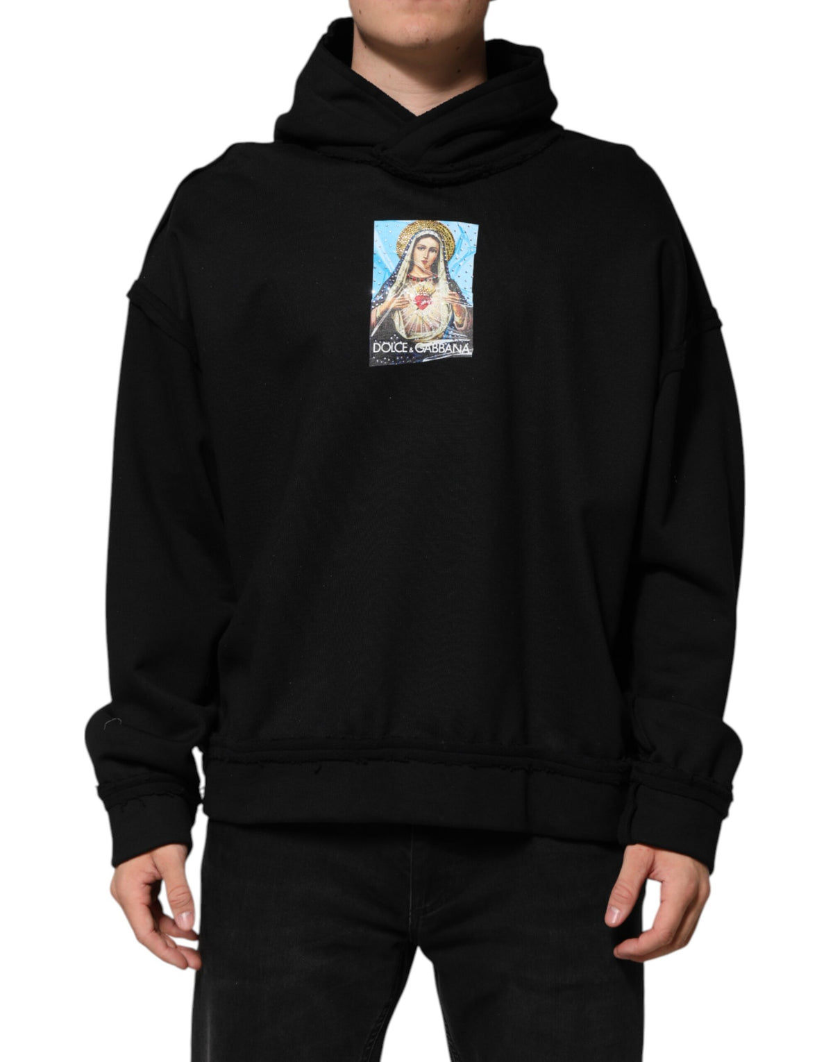 Dolce &amp; Gabbana – Schwarze, bedruckte Kapuzenjacke mit Kristallverzierung