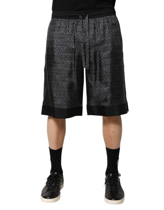 Dolce &amp; Gabbana Grau-schwarze Bermudashorts aus Seide mit DG-Logo für Herren