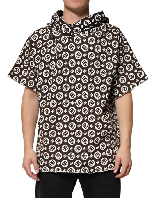 Dolce &amp; Gabbana Braun-weißer kurzer Kapuzenpullover mit DG-Logo