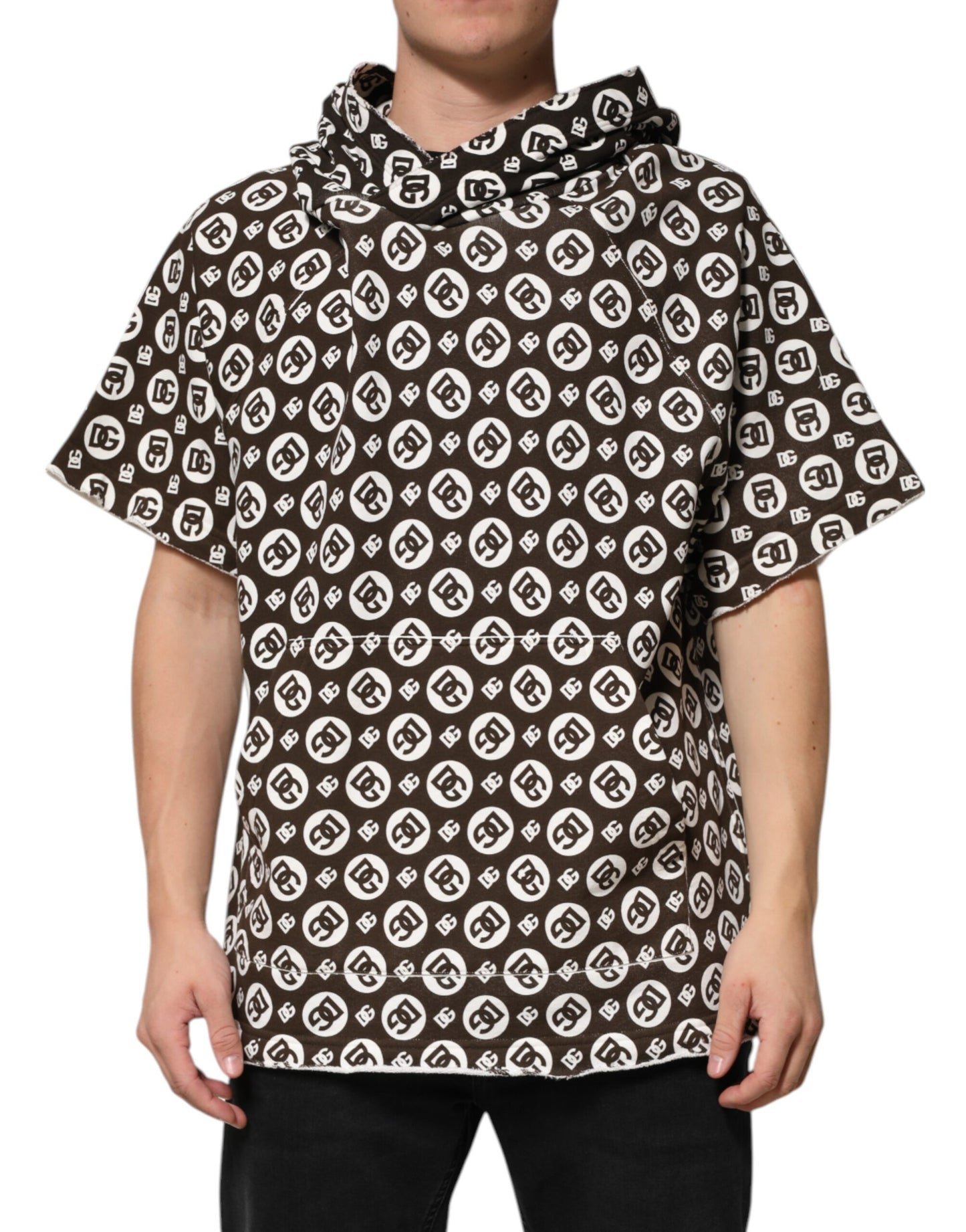 Dolce &amp; Gabbana Braun-weißer kurzer Kapuzenpullover mit DG-Logo