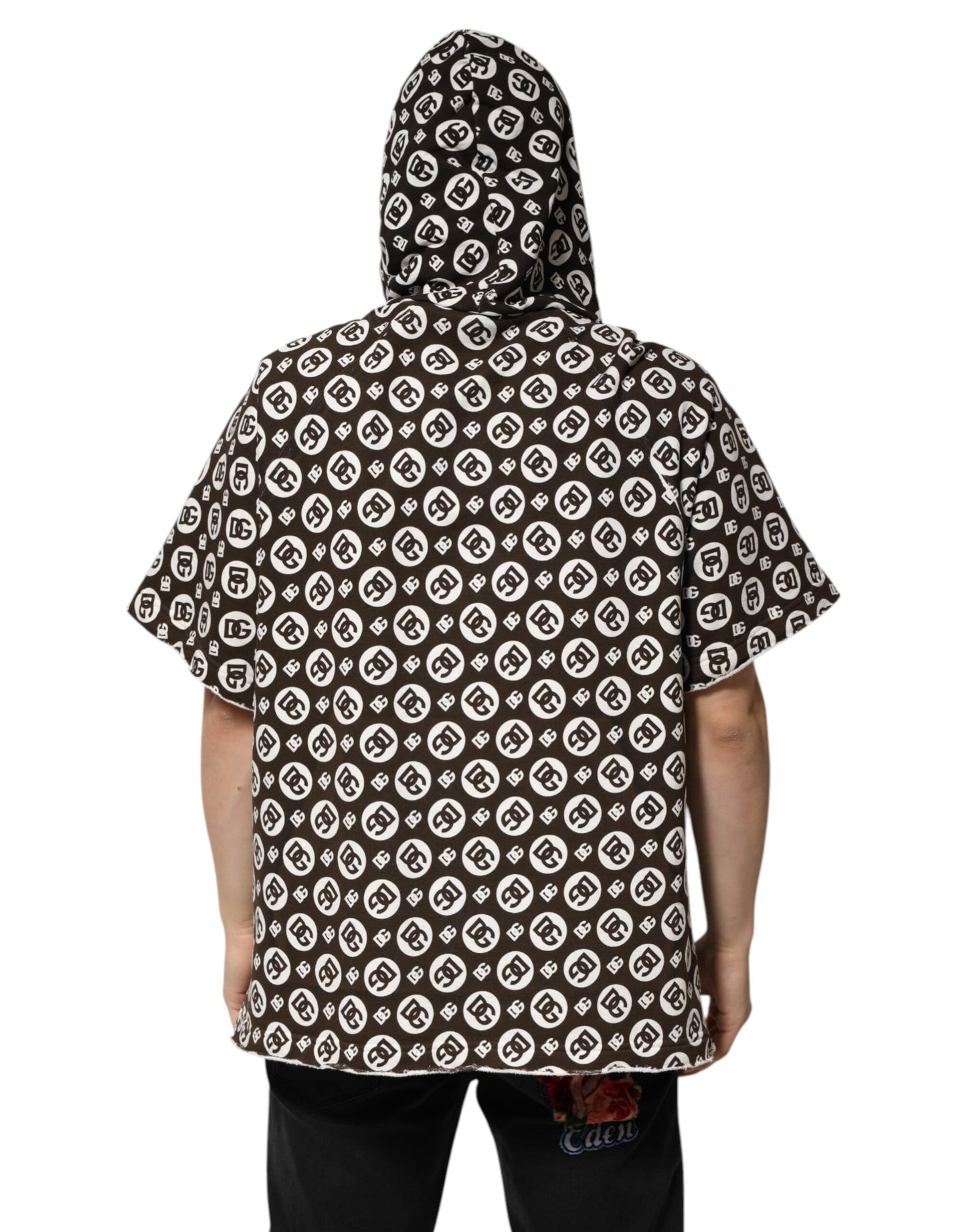 Dolce &amp; Gabbana Braun-weißer kurzer Kapuzenpullover mit DG-Logo