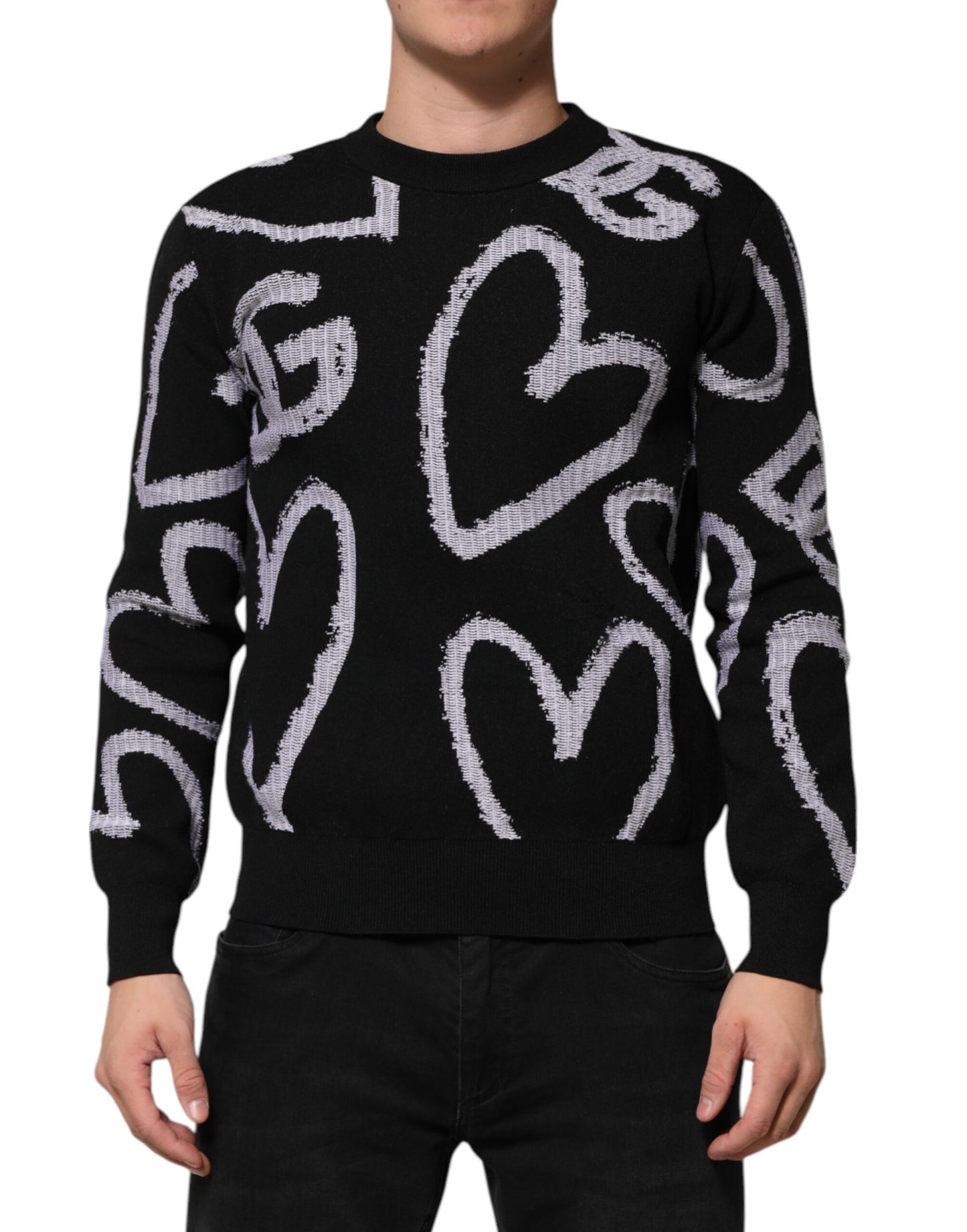 Dolce &amp; Gabbana – Schwarzer Pullover aus Nylon und Wolle mit Herz-Print