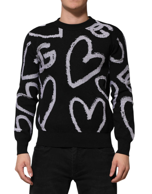 Dolce & Gabbana Black Nylon Wool Heart Print Pullover Sweater