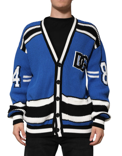 Dolce &amp; Gabbana – Blauer Cardigan aus gerippter Baumwolle mit Logo-Patch