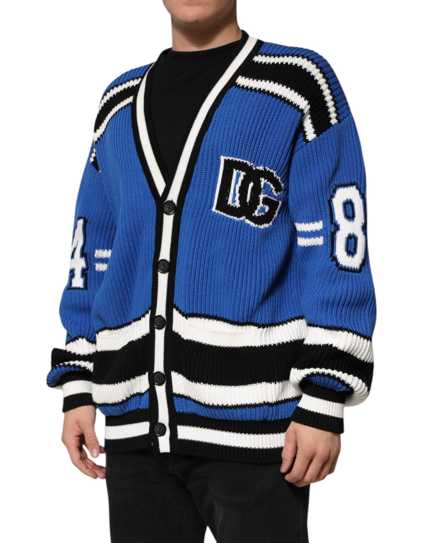 Dolce &amp; Gabbana – Blauer Cardigan aus gerippter Baumwolle mit Logo-Patch