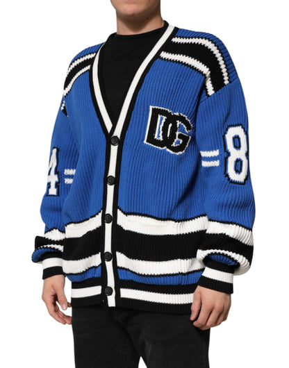 Dolce &amp; Gabbana – Blauer Cardigan aus gerippter Baumwolle mit Logo-Patch
