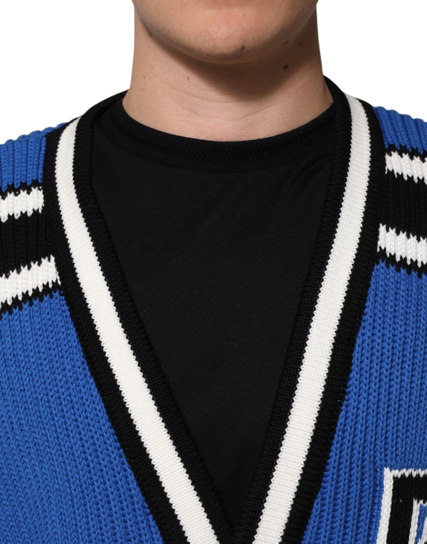 Dolce &amp; Gabbana – Blauer Cardigan aus gerippter Baumwolle mit Logo-Patch