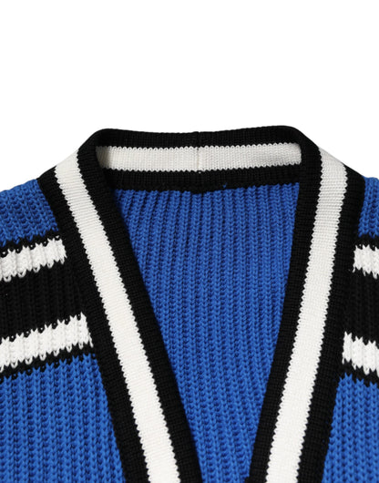 Dolce &amp; Gabbana – Blauer Cardigan aus gerippter Baumwolle mit Logo-Patch