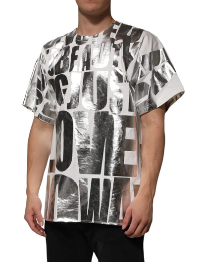 Dolce &amp; Gabbana – T-Shirt aus weißer Baumwolle mit silbermetallischem Slogan-Print
