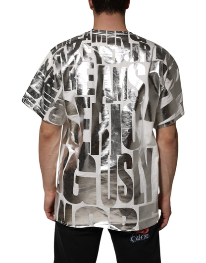 Dolce &amp; Gabbana – T-Shirt aus weißer Baumwolle mit silbermetallischem Slogan-Print