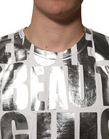 Dolce &amp; Gabbana – T-Shirt aus weißer Baumwolle mit silbermetallischem Slogan-Print