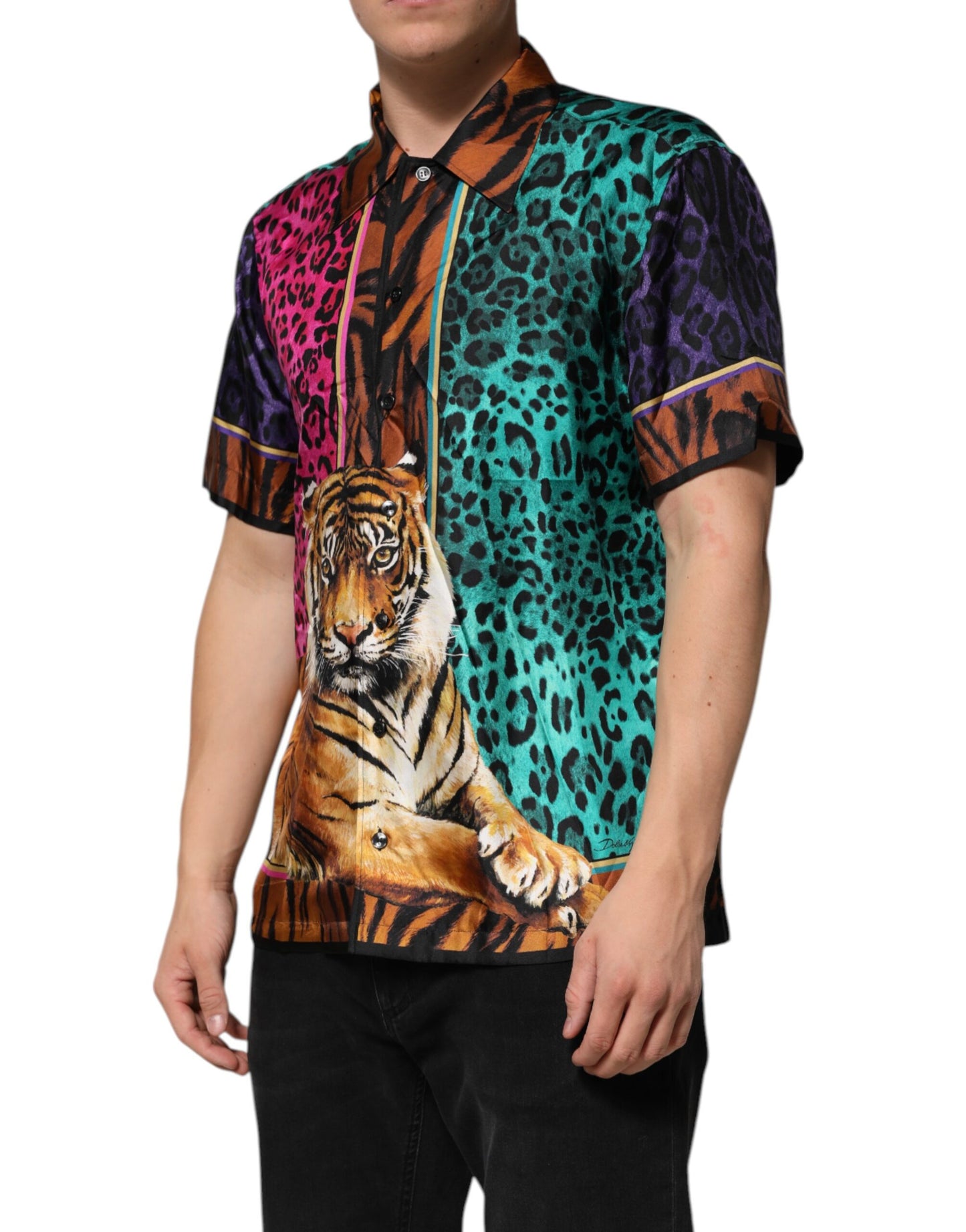 Dolce &amp; Gabbana Mehrfarbiges Hawaii-T-Shirt aus Seide mit Tiger-Print