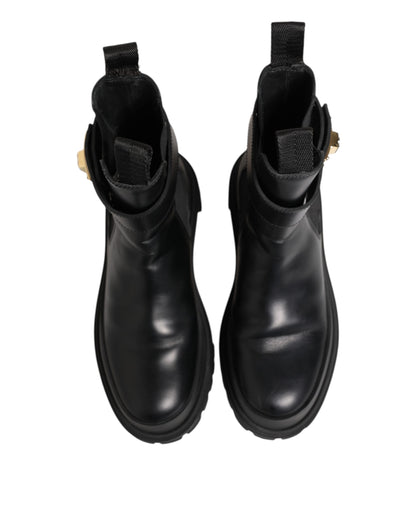 Dolce & Gabbana Black Calfskin DG Logo Strap Ankle Boots Shoes