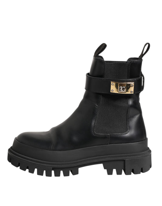 Dolce &amp; Gabbana – Schwarze Stiefeletten aus Kalbsleder mit DG-Logo und Riemen