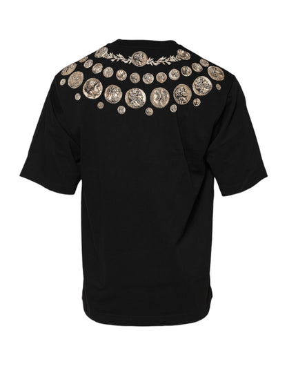 Dolce &amp; Gabbana – Schwarzes Baumwoll-T-Shirt mit Rundhalsausschnitt und Münzdruck