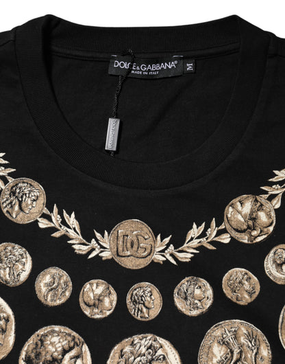 Dolce &amp; Gabbana – Schwarzes Baumwoll-T-Shirt mit Rundhalsausschnitt und Münzdruck