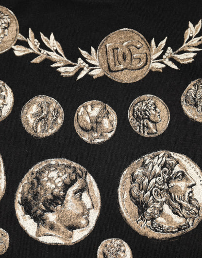 Dolce &amp; Gabbana – Schwarzes Baumwoll-T-Shirt mit Rundhalsausschnitt und Münzdruck