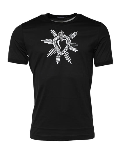 Dolce &amp; Gabbana Schwarzes T-Shirt aus Baumwolle mit Rundhalsausschnitt „Sacred Heart“