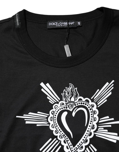 Dolce &amp; Gabbana Schwarzes T-Shirt aus Baumwolle mit Rundhalsausschnitt „Sacred Heart“