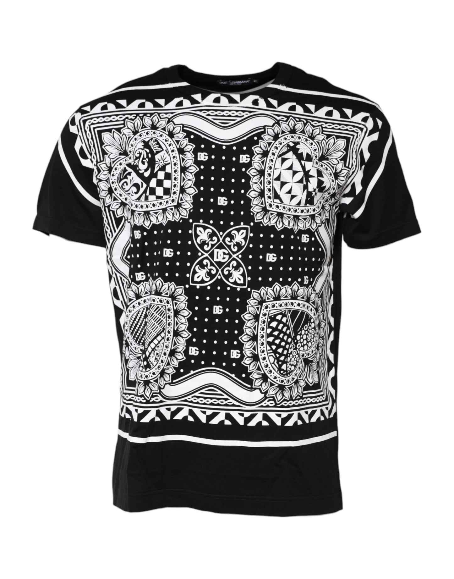 Dolce &amp; Gabbana – Schwarzes Baumwoll-T-Shirt mit Rundhalsausschnitt und Bandana-Print