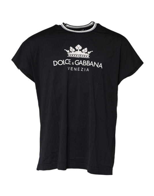 Dolce & Gabbana Dunkelblaues T-Shirt aus Baumwolle mit Rundhalsausschnitt „Venezia Crown“