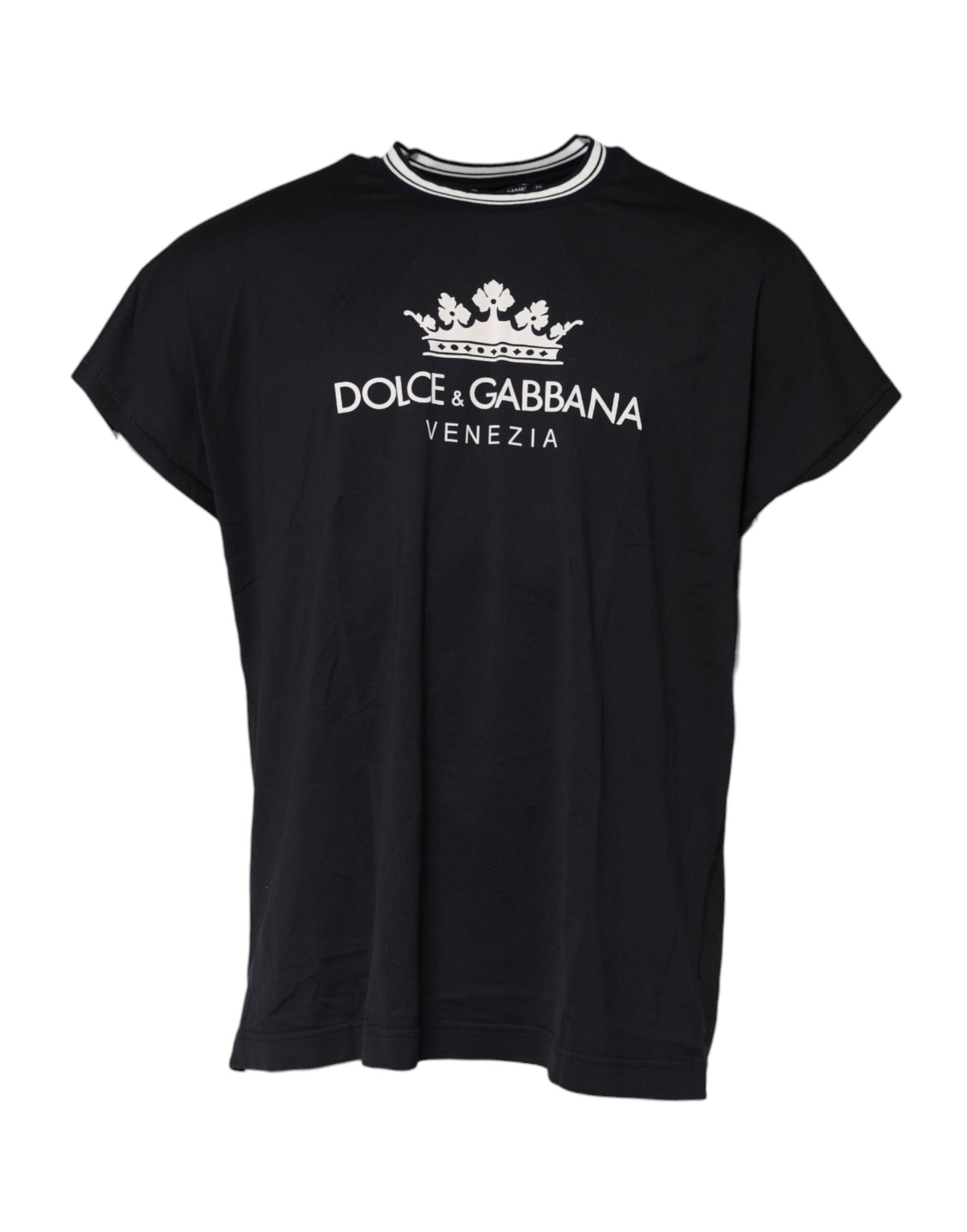 Dolce &amp; Gabbana Dunkelblaues T-Shirt aus Baumwolle mit Rundhalsausschnitt „Venezia Crown“