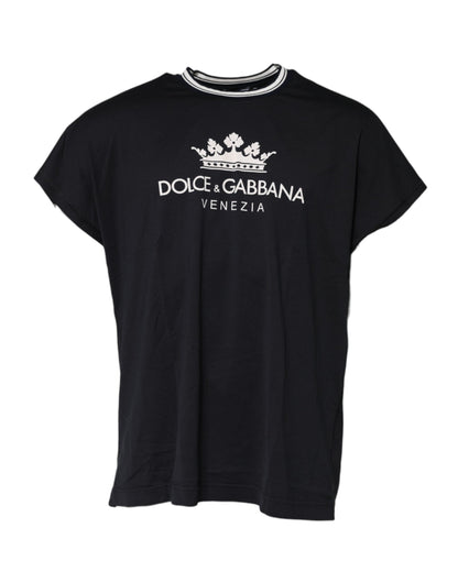 Dolce &amp; Gabbana Dunkelblaues T-Shirt aus Baumwolle mit Rundhalsausschnitt „Venezia Crown“