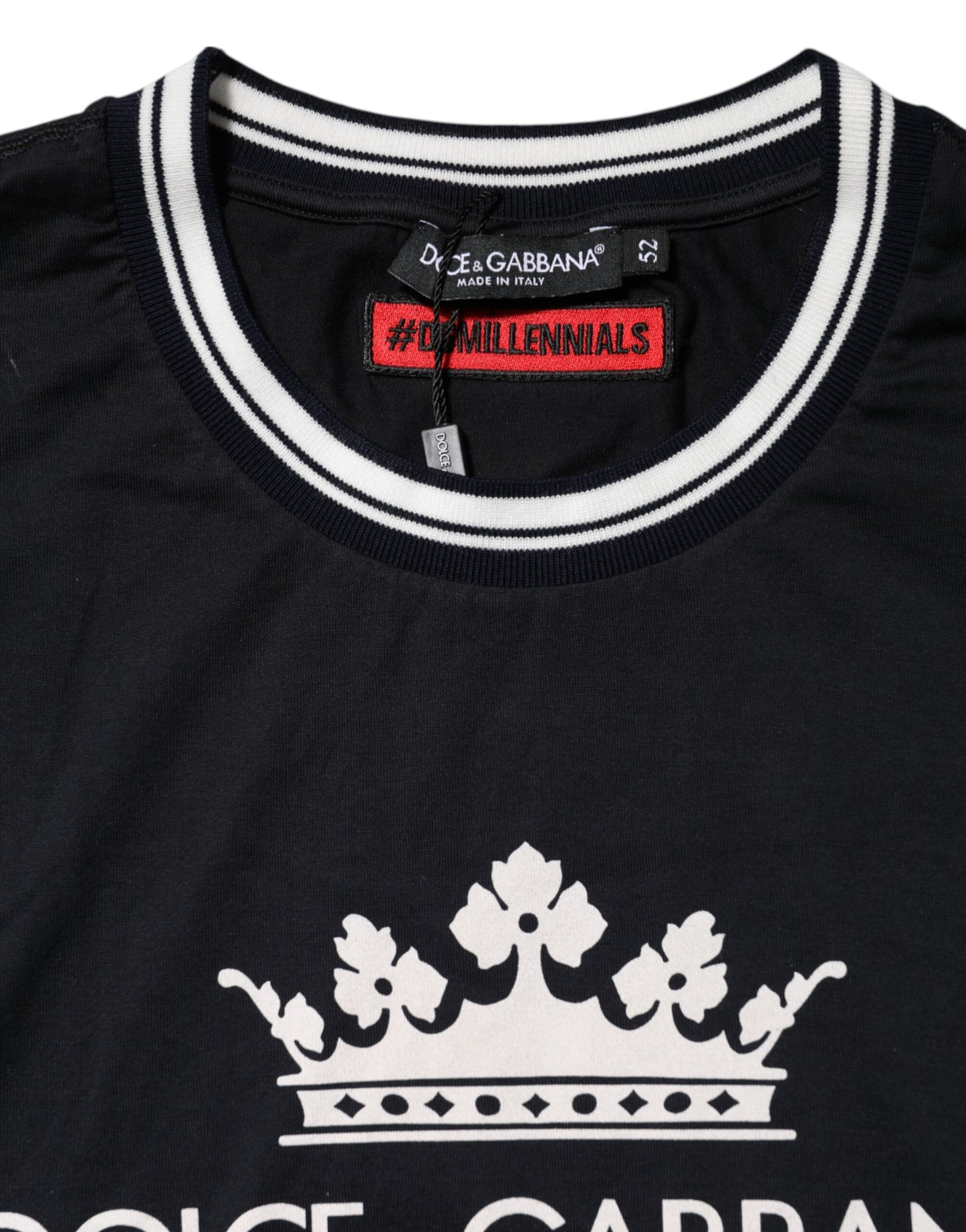 Dolce &amp; Gabbana Dunkelblaues T-Shirt aus Baumwolle mit Rundhalsausschnitt „Venezia Crown“