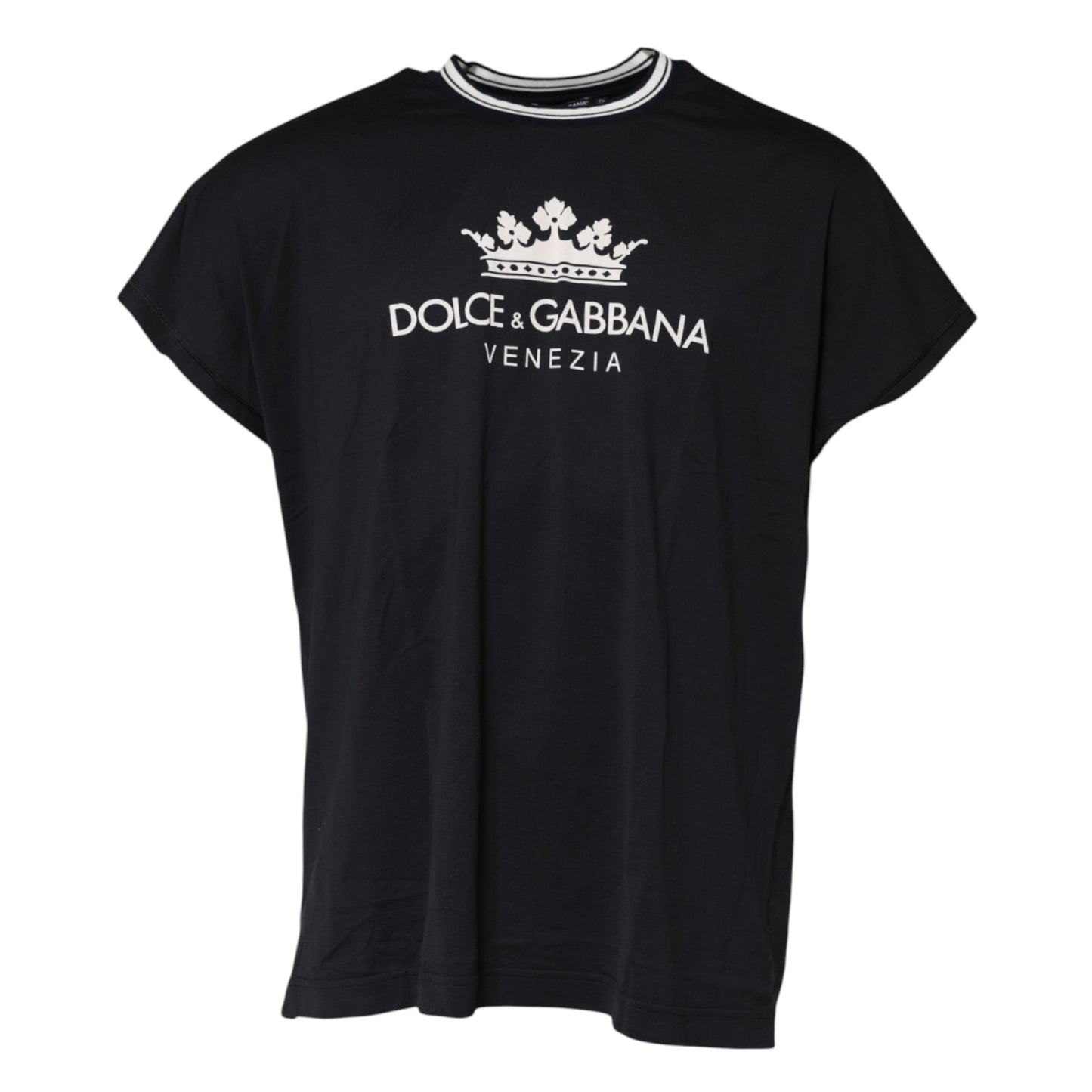 Dolce &amp; Gabbana Dunkelblaues T-Shirt aus Baumwolle mit Rundhalsausschnitt „Venezia Crown“