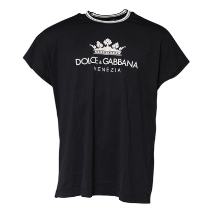 Dolce &amp; Gabbana Dunkelblaues T-Shirt aus Baumwolle mit Rundhalsausschnitt „Venezia Crown“