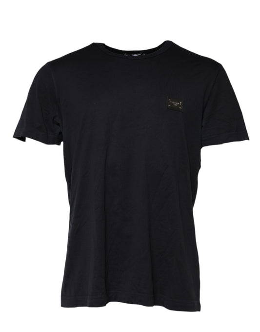 Dolce &amp; Gabbana – Dunkelblaues Baumwoll-T-Shirt mit Rundhalsausschnitt und Logo-Plakette