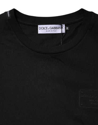 Dolce &amp; Gabbana – Schwarzes Baumwoll-T-Shirt mit Rundhalsausschnitt und Logo-Plakette