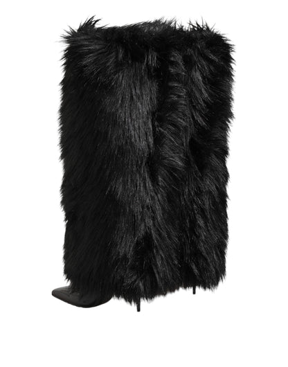 Dolce &amp; Gabbana – Kniehohe Stiefel mit spitzem Absatz und Kunstfell in Schwarz