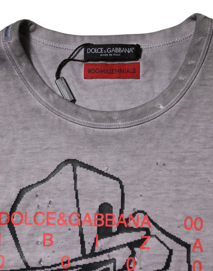 Dolce &amp; Gabbana – Graues Baumwoll-T-Shirt mit Rundhalsausschnitt und grafischem Print