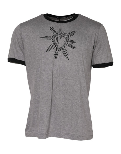 Dolce &amp; Gabbana Graues T-Shirt aus Baumwolle mit Rundhalsausschnitt „Sacred Heart“