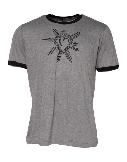 Dolce &amp; Gabbana Graues T-Shirt aus Baumwolle mit Rundhalsausschnitt „Sacred Heart“