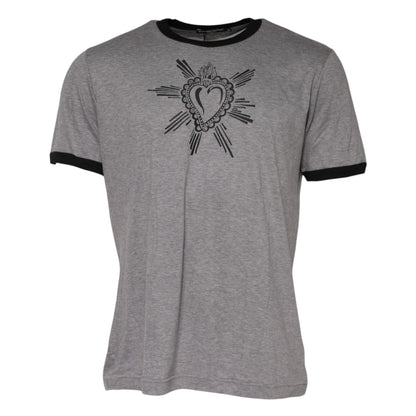 Dolce &amp; Gabbana Graues T-Shirt aus Baumwolle mit Rundhalsausschnitt „Sacred Heart“