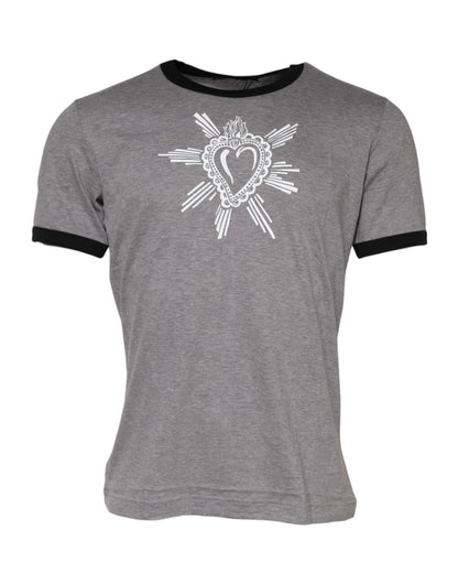Dolce &amp; Gabbana Graues T-Shirt aus Baumwolle mit Rundhalsausschnitt „Sacred Heart“