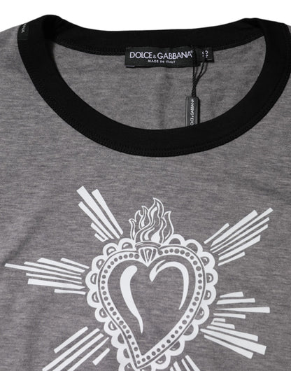 Dolce &amp; Gabbana Graues T-Shirt aus Baumwolle mit Rundhalsausschnitt „Sacred Heart“