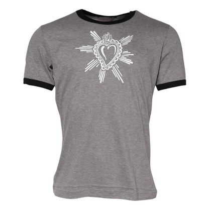 Dolce &amp; Gabbana Graues T-Shirt aus Baumwolle mit Rundhalsausschnitt „Sacred Heart“
