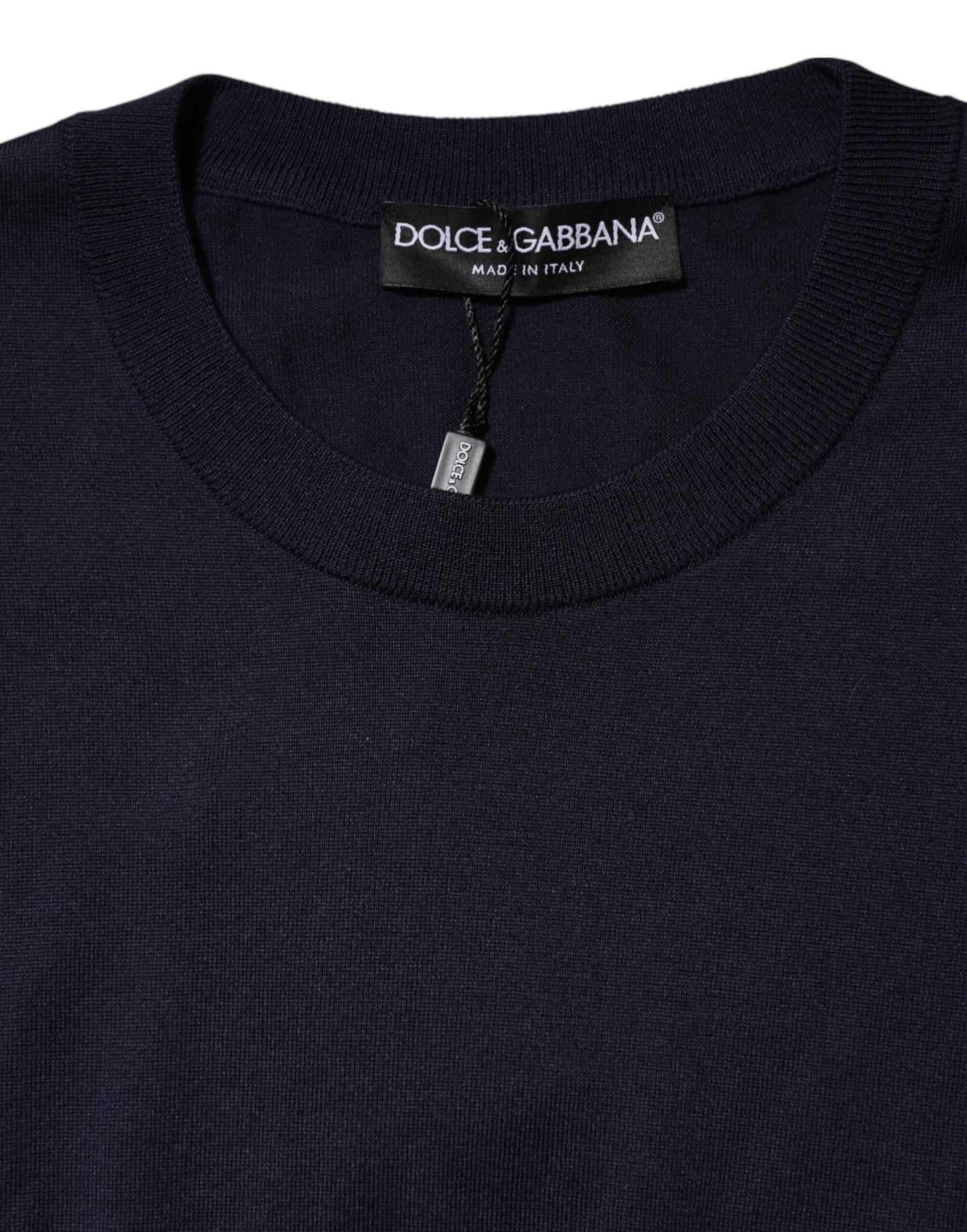 Dolce &amp; Gabbana – Dunkelblaues Seiden-T-Shirt mit Rundhalsausschnitt und kurzen Ärmeln