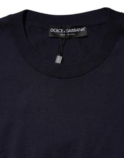 Dolce &amp; Gabbana – Dunkelblaues Seiden-T-Shirt mit Rundhalsausschnitt und kurzen Ärmeln