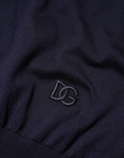 Dolce &amp; Gabbana – Dunkelblaues Seiden-T-Shirt mit Rundhalsausschnitt und kurzen Ärmeln