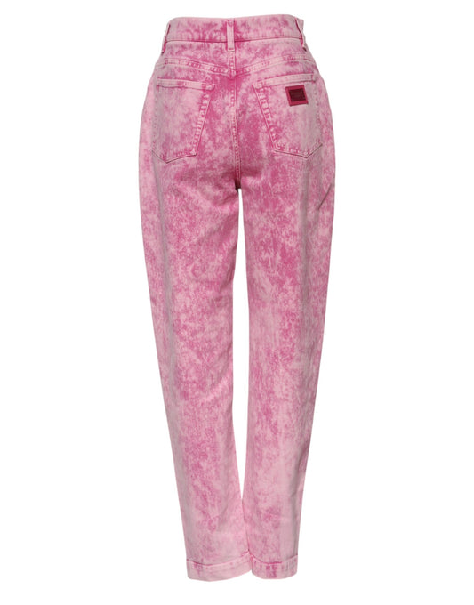 Dolce & Gabbana – Hoch taillierte, schmal zulaufende Jeans aus Denim in Rosa mit Batikmuster