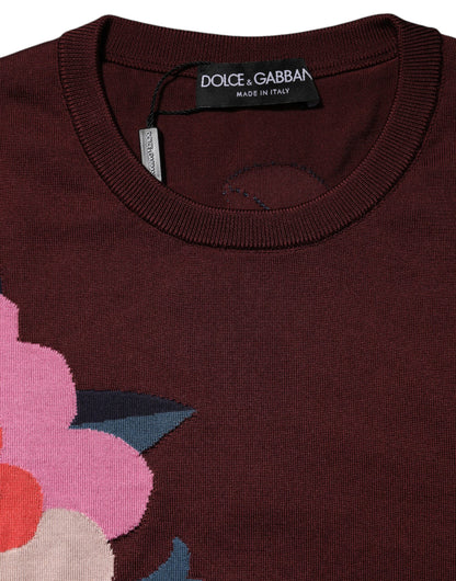 Dolce &amp; Gabbana – Kastanienbraunes Blusenoberteil aus Seide mit Blumenmuster und Rundhalsausschnitt