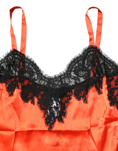 Dolce &amp; Gabbana Rot-Schwarzes ärmelloses Seiden-Tanktop mit Spitzenbesatz