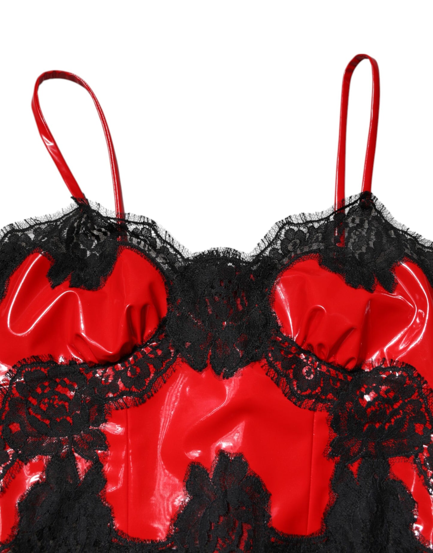 Dolce &amp; Gabbana Rot-Schwarzes ärmelloses Tanktop aus Polyester mit Spitzenbesatz