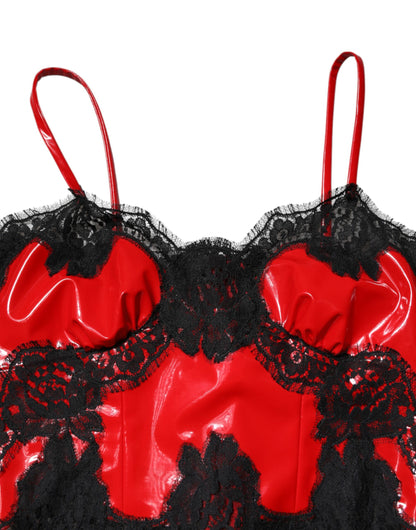 Dolce &amp; Gabbana Rot-Schwarzes ärmelloses Tanktop aus Polyester mit Spitzenbesatz