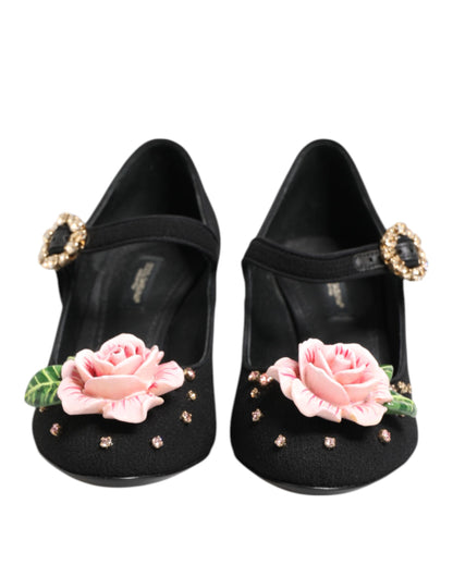 Dolce &amp; Gabbana – Schwarze Mary-Jane-Schuhe mit Blumen- und Kristallverzierung