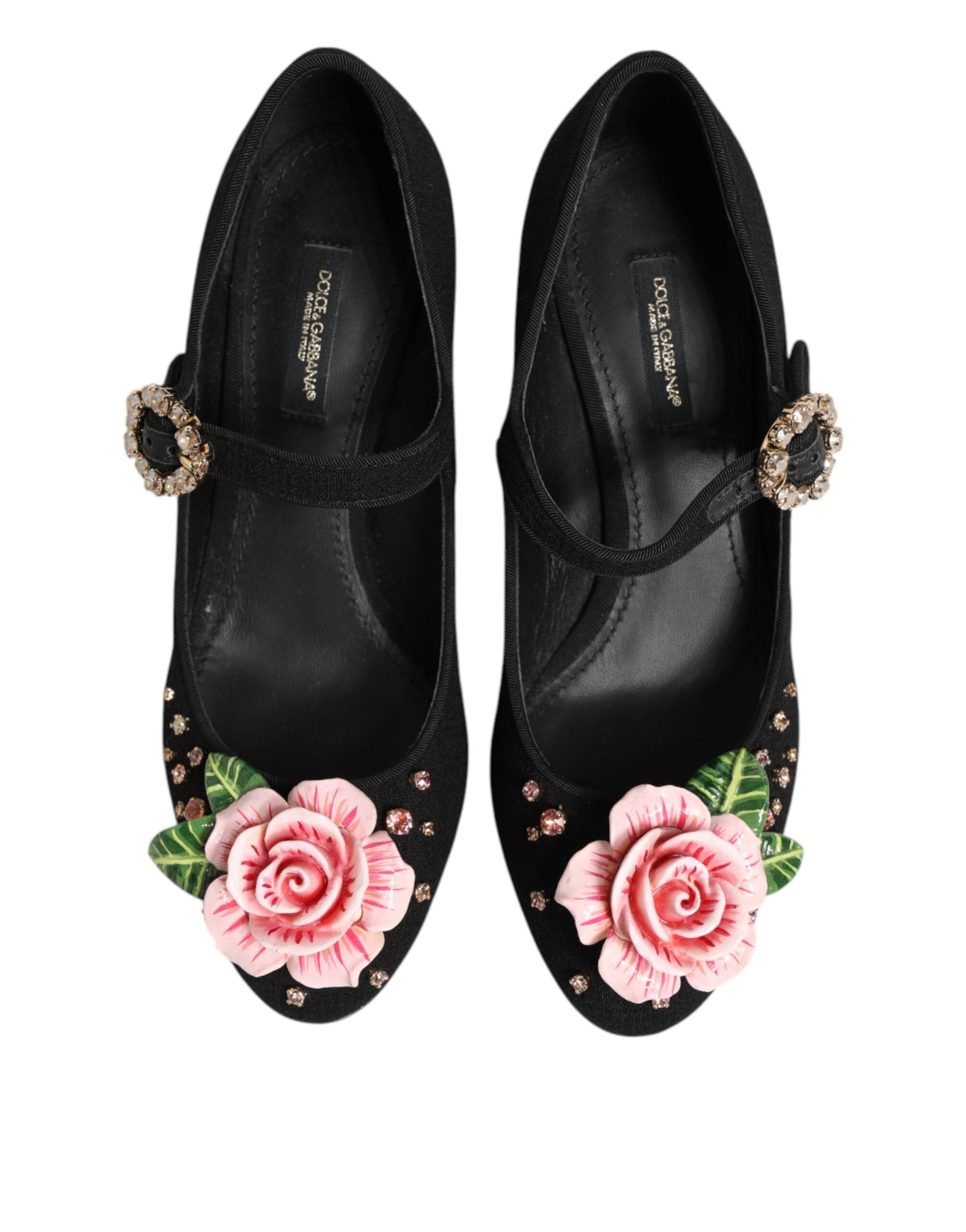 Dolce &amp; Gabbana – Schwarze Mary-Jane-Schuhe mit Blumen- und Kristallverzierung